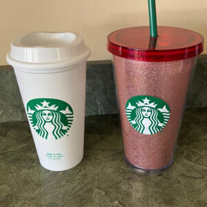 2014 Starbucks Pink Sparkle Venti with Straw & Reusable Coffee Cup both 16 oz.